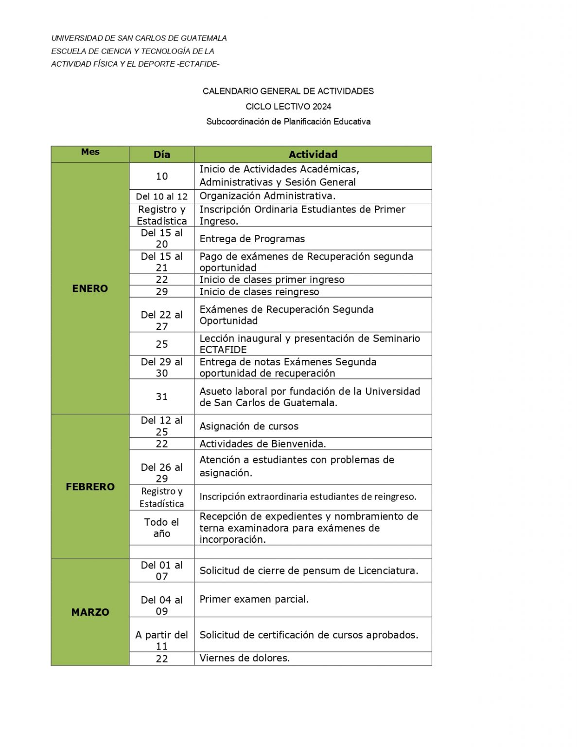 Calendario de actividades primer ciclo 2024. Escuela de Ciencia y